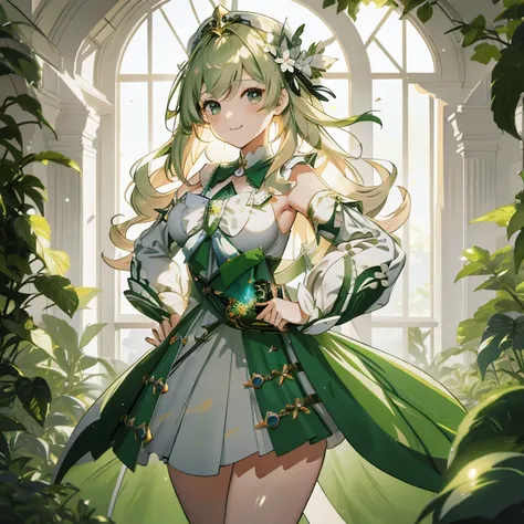 anime girl in green and white dress standing in front of window, nature goddess, fey queen of the summer forest, cute anime waif...