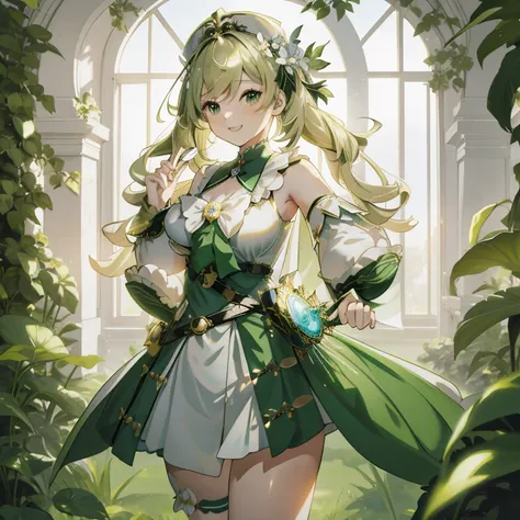 anime girl in green and white dress standing in front of window, nature goddess, fey queen of the summer forest, cute anime waif...