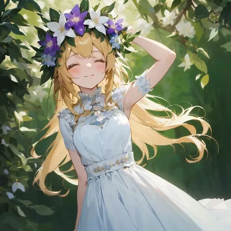 Anime girl with crown of flowers in blue dress standing in front of a tree, smiling as a queen of fairies,  in dress, Cute anime waifu in a nice dress, guweiz, Beautiful maiden, Beautiful Anime Portrait, She has a crown of flowers, anime goddess, blonde - ...