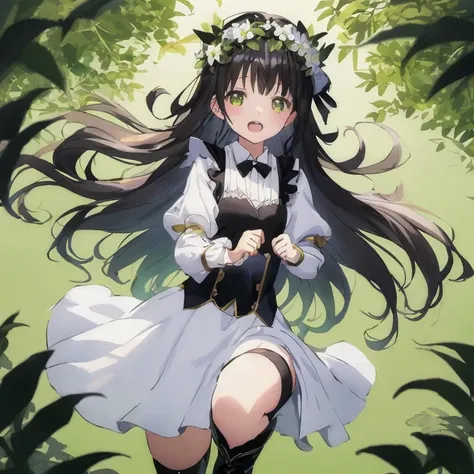 anime girl with long black hair and white dress and flower crown, a maid in a magical forest, anime visuals of cute girls, anime...