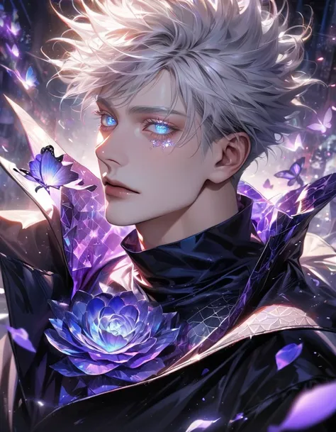 Ultra detailed, HDR, Highres, absurdres, master piece, Gojou Satoru, expressive blue eyes, white hair with bangs, white eyelashes, Jujutsu Kaisen, black coat with patterns, black tight shirt, purple glittering butterflies, purple ice, petals, purple ice ro...