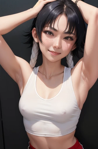 masterpiece, best quality, soifon, wearing white tanktop shirt, croptop, red pants, looking at viewer, small breasts, upper body, portrait, looking at viewer, seductive smile, both hands raised, armpits, armpits visible, sweaty armpits, from above, nipple ...