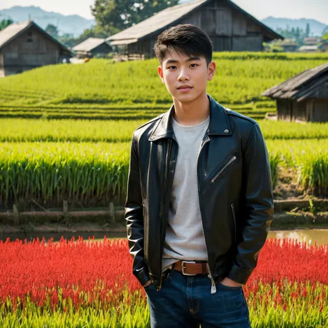 Young Asian man, 25 years old,) Have a strong body, have a strong, strong body., His long hair flowed up.,) Bright black, red, dark green leather jacket.,) very handsome,) ,Jeans)  Album cover image by The rice fields are dotted with old thatched huts., Th...