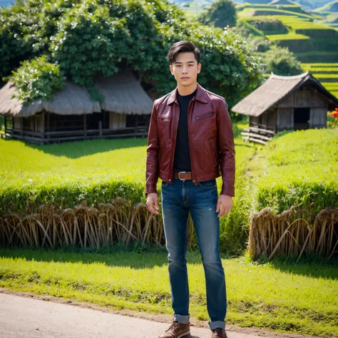 Young Asian man, 25 years old,) Have a strong body, His long hair flowed up.,) Bright black, red, dark green leather jacket.,) very handsome,) ,Jeans)  Album cover image by The rice fields are dotted with old thatched huts., There are red flowers around.,)...