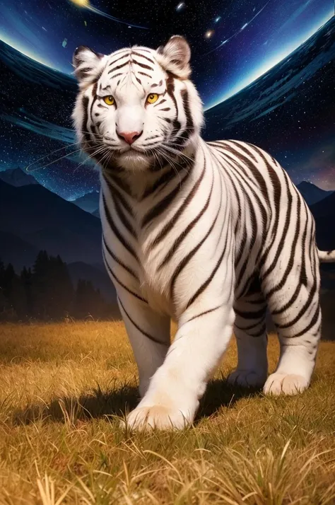 (dark night, starry sky:1.5), (rocky mountains, cloud:1.3), (one white tiger:1.2), full body, (yellow eyes:1.5), finely drawn face, delicate fur, (elegant with white and black fur), tail