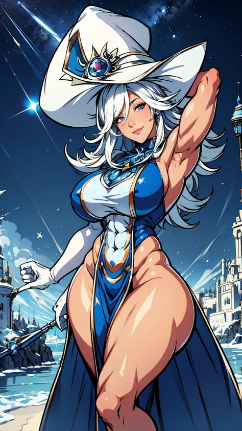 Silent magician, ropa apretada, poca piel visible, ((  ruborizada, sonrisa, oiled skin)),  pelo largo, cabello blanco, (( white hair)), sombrero blanco, skinny body, abs, muscle, muscle girl, big sagging breast , monstruo de duelo, Iparuputsua, de pie en l...