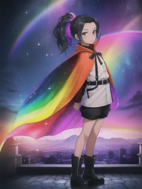 A girl, single ponytail, black hair, forehead, hotel waiter uniform, nylon shorts, flat boots, mountains, starry night, glowing stone stairway, Rainbow cape，Rainbow color illustration, magically glowing, Shiny and colorful, Hologram, Digital Animation Art,...