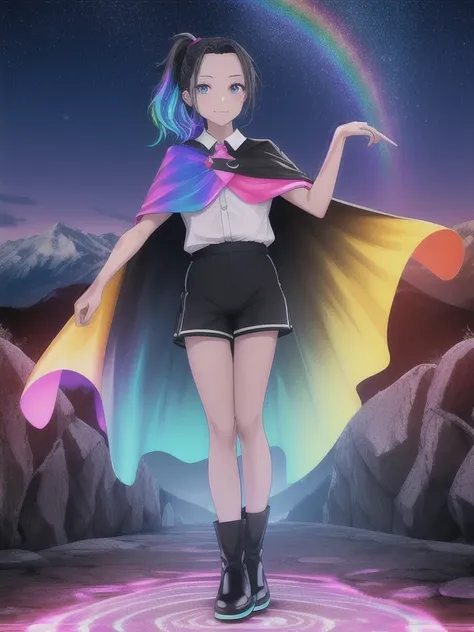 A girl, single ponytail, black hair, forehead, hotel waiter uniform, nylon shorts, flat boots, mountains, starry night, glowing stone stairway, Rainbow cape，Rainbow color illustration, magically glowing, Shiny and colorful, Hologram, Digital Animation Art,...