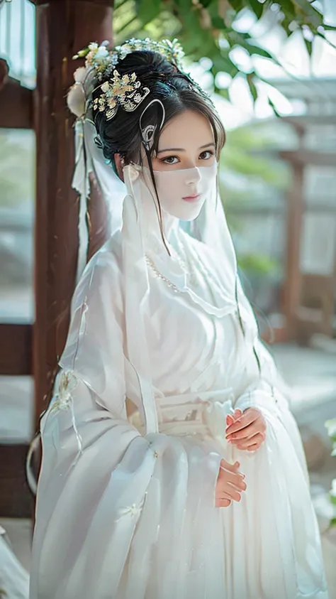 （（long ears）），full body ，the eyes are very delicate.， human，gorgeous white hanfu，（（（hair accessories）））（（（face veil））），necklace，...