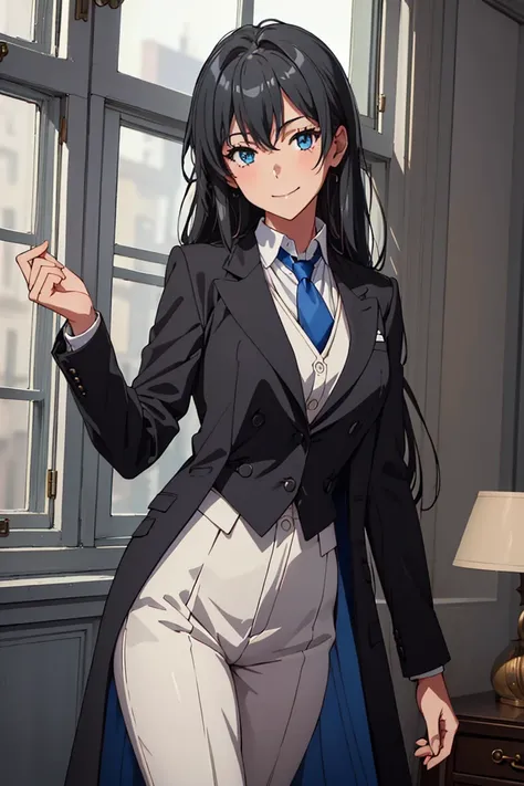 ((best quality)), ((masterpiece)), (detailed) 1girl 1girl, ;), blurry, blurry_background, breasts, , hair_long , looking_at_viewer, ok_sign, one_eye_closed, open_hand, Yukinoshita Yukino ,Woman wearing formal clothes, An attractive coat stands in a large g...