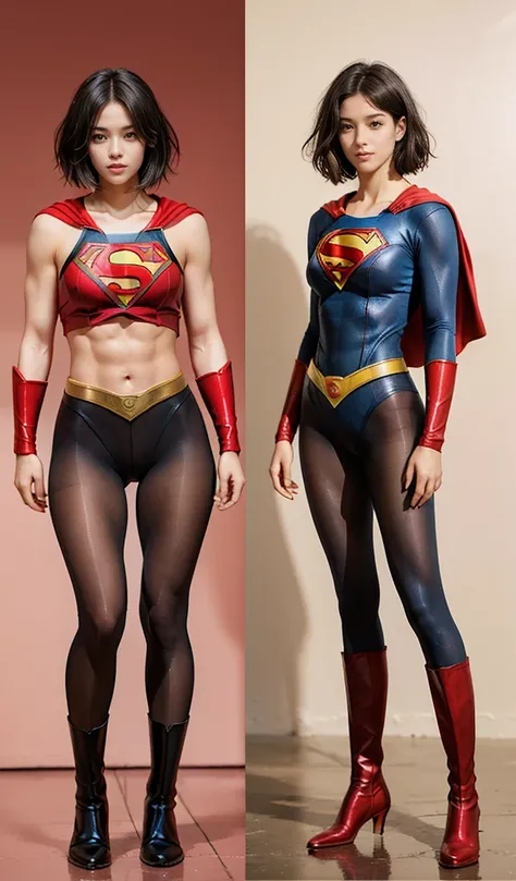 No background、(((Beautiful legs in black tights.)))、(((Legally express the beauty of your smile)))、((((Make the most of your original images)))、(((Supergirl Costume)))、(((beautiful short bob hair)))、(((suffering)))、(((Please wear black tights....、Wear red ...