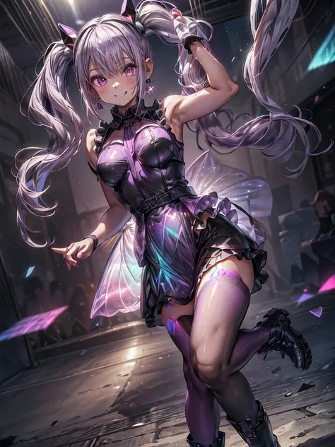 Top image quality、(((full body Esbian))),Standing picture、Outstanding style、Smile with all your might、beauty legs、Leather shoes、dynamicposes、, Younger、Gothic lolita, (((Light purple hair))), Purple eyes, (mascara), Blunt bangs, ((hair over eyes)), Long hai...