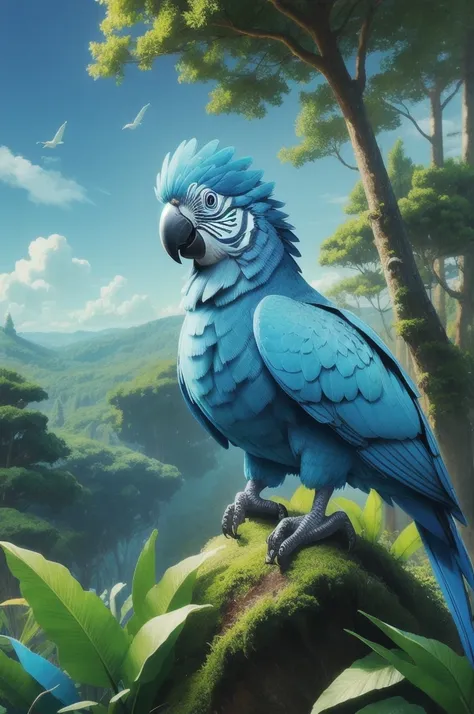 cute and adorable cartoon blue parrot, fantasy, dreamlike, surrealism, super cute, trending in the arts season with a forest in the background, 