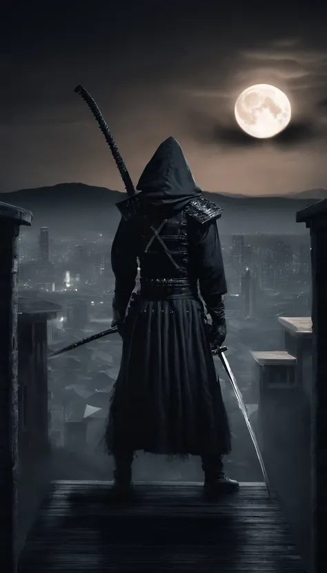 Dark samurai, mask, hood, light sword, on  rooftop, night, moon background