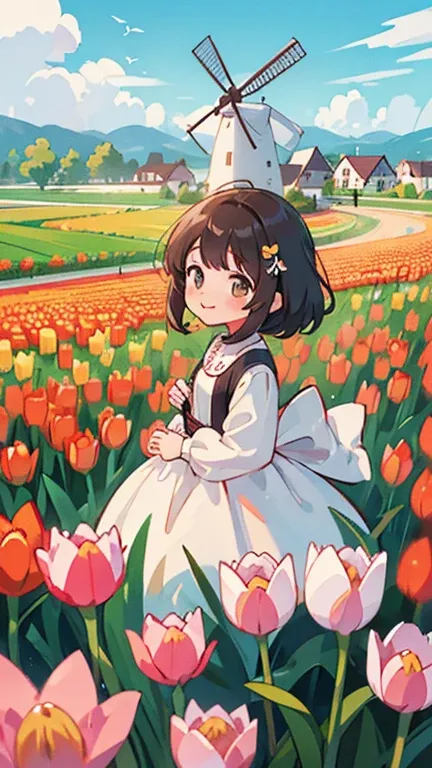 (masterpiece, 最high quality), high quality, Very detailed, cute, cute, One girl, Happy, Tulip Fields, A lot of tulips, Distant Windmill, Breeze, Movie angle