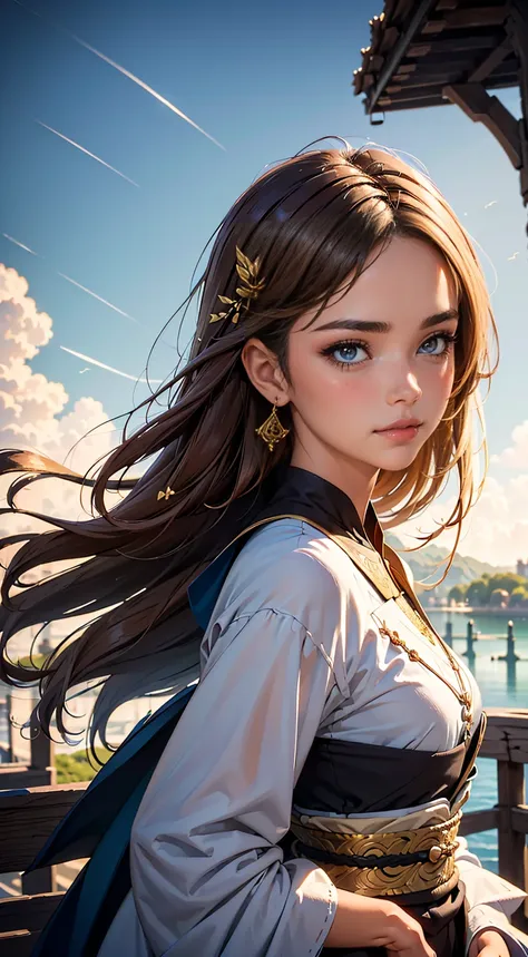 ((Obra maestra, of the highest quality, detalle asombroso, contrata)), a beautiful brunette girl stands in front of a bridge, (Cara ultra detallada), wearing priest&#39;s robes, besado por el Sol, fantasy background, high fantasy, Estudio Ghibli, miyazaki 