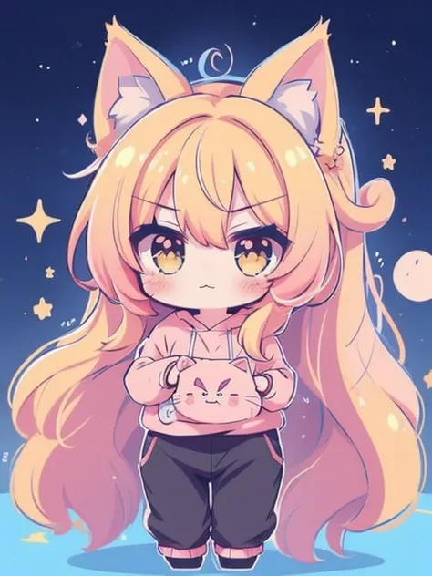 コンピューターデスクに座っているcat ears anime girl，he has a cat on his head, cute anime cat girl, cat ears anime girl, beautiful anime cat girl...