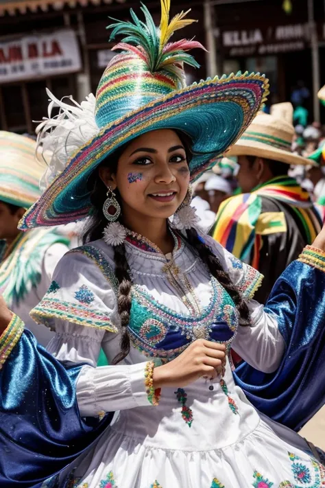 Un primer plano de una mujer con un vestido azul y blanco y sombrero, disfraz con detalles en azul, disfraz tradicional, vistiendo un traje adornado, folklorico, (((carnaval de Oruro, bolivia))), ethnic outfit, ropa tradicional de chola color azul, vestido...