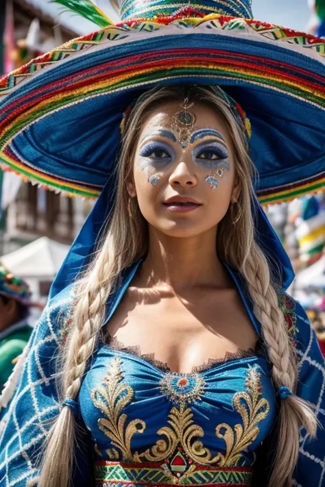 Close-up of a very sexy Nordic woman with long blonde hair wearing a blue and white dress and hat, disfraz con detalles en azul, disfraz tradicional, vistiendo un traje adornado, folklorico, (((carnaval de Oruro, bolivia))), ethnic outfit, ropa tradicional...