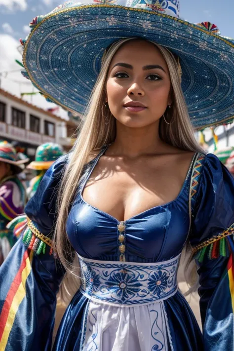 Close-up of a very sexy Nordic woman with long blonde hair wearing a blue and white dress and hat, disfraz con detalles en azul, disfraz tradicional, vistiendo un traje adornado, folklorico, (((carnaval de Oruro, bolivia))), ethnic outfit, ropa tradicional...