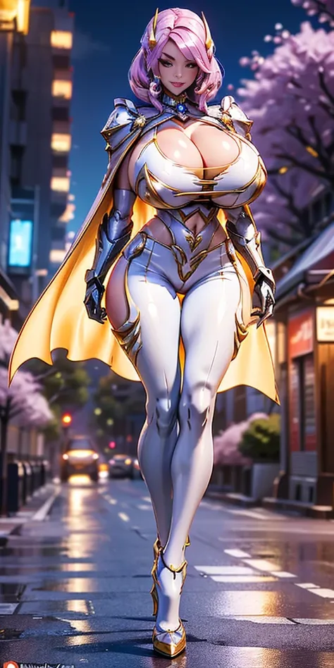 1GIRL, SOLO, (smile, makeup, beautiful eyes, red libs, gold dragon helm) (HUGE BOOBS:1.4) (MECHA GUARD ARM, GLOVES) (white, GIRL IN MECHA CYBER ARMOR CROP TOP, ROYAL CAPE, CLEAVAGE, SKINTIGHT HOTPANTS, HIGH HEELS:1.4) (SLENDER BODY, SEXY LONG LEGS, FULL BO...