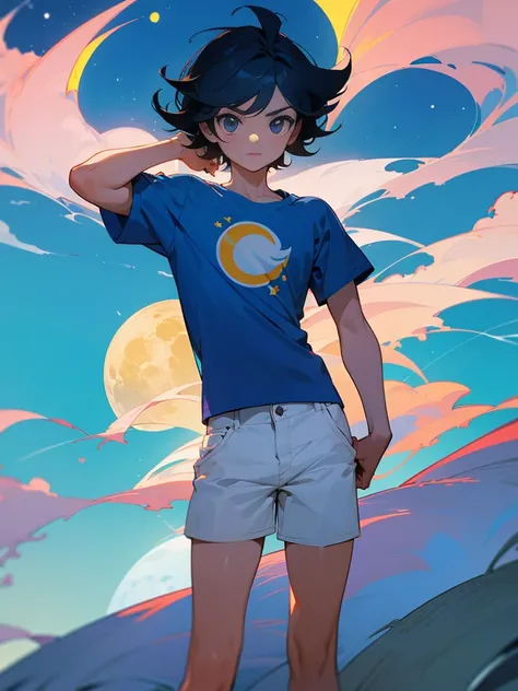 Un chico en el parque, 10.year old, shorts corto, blue T-shirt, pelo rubio, ojos azules, piel blanca, rasgos finos, rasgos europeos, with the moon behind defined muscular body