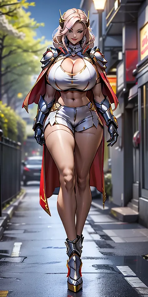 1GIRL, SOLO, (smile, makeup, beautiful eyes, red libs, gold dragon helm) (HUGE BOOBS:1.4) (MECHA GUARD ARM, GLOVES) (white, GIRL IN MECHA CYBER ARMOR CROP TOP, ROYAL CAPE, CLEAVAGE, SKINTIGHT HOTPANTS, HIGH HEELS:1.4) (SLENDER BODY, SEXY LONG LEGS, FULL BO...