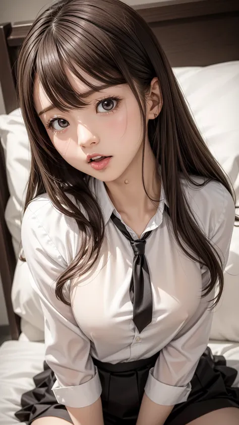 8K quality、High definition、Realistic skin texture、High definitionの瞳、、Blowjobする女、Brown long hair、、A neat and tidy blouse dress made of thin fabric、Dignified face、slender、Model Body Type、Flip-up skirt、Realistic female genitalia、Deep and realistic penis swall...