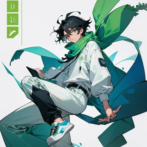 Make a 19-year-old man with medium-length black hair and green eyes, a relaxed personality, white clothes with green details and a blue and white scarf around his neck, his pants are long and he has ALL star sneakers, the pants cover the top of the sneaker...