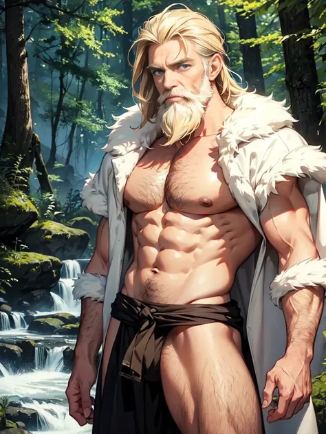 (best quality), masterpiece, ultra-detailed, old guy, beard, muscular physique,full body portrait,blonde hair, intense blue eyes, stream, forest, hairly chest, loincloth 
