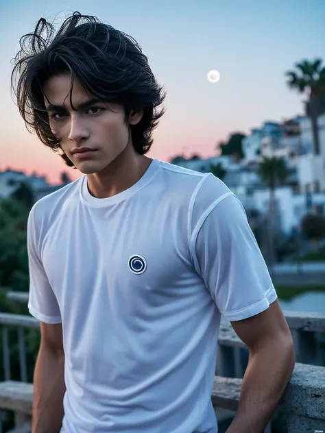 Un chico en el parque, 10.year old,  pelo rubio, ojos azules, piel blanca, rasgos finos, rasgos europeos, with the moon behind, cuerpo definido, musculoso, semi desnudo muy tonificado, genitales masculinos perfectos