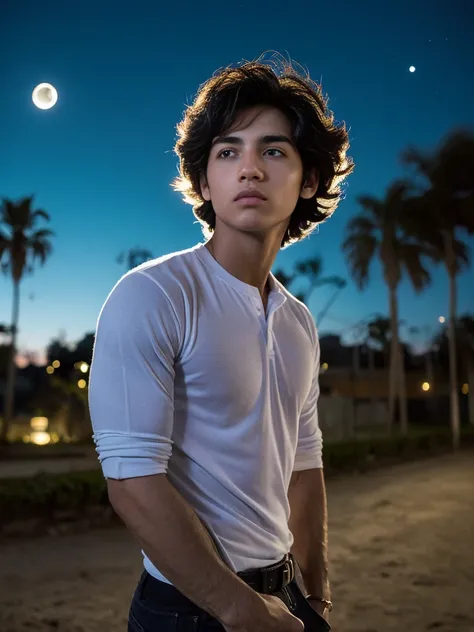 Un chico en el parque, 10.year old,  pelo rubio, ojos azules, piel blanca, rasgos finos, rasgos europeos, with the moon behind, cuerpo definido, musculoso, semi desnudo muy tonificado, genitales masculinos perfectos