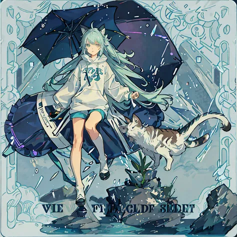 Retro style anime girl with long light lavender hair with bangs and chops aqua green eyes wearing a dinosaur-inspired outfit with a sweatshirt and shorts and sheer rain boots with cat ears in a rainy environment with a cat umbrella