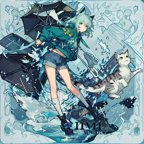 Retro style anime girl with long light lavender hair with bangs and chops aqua green eyes wearing a dinosaur-inspired outfit with a sweatshirt and shorts and sheer rain boots with cat ears in a rainy environment with a cat umbrella