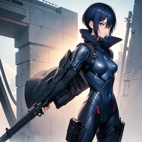 Dark blue hair，short hair，neutral，boyish，Hiding one eye，slender，Rin々A funny face，Powered Suit，Reinforced Suit，mechanical，Science fiction，Black sleeveless coat，With a sword，headgear，Small breasts，Small breasts，tall，Slightly muscular，Handsome，The innerwear i...