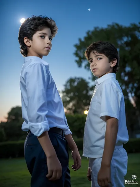 A ten year old boy in the park, 10.year old,  pelo rubio, ojos azules, piel blanca, rasgos finos, rasgos europeos, with the moon behind, cuerpo definido, musculoso, semi desnudo muy tonificado, genitales masculinos perfectos