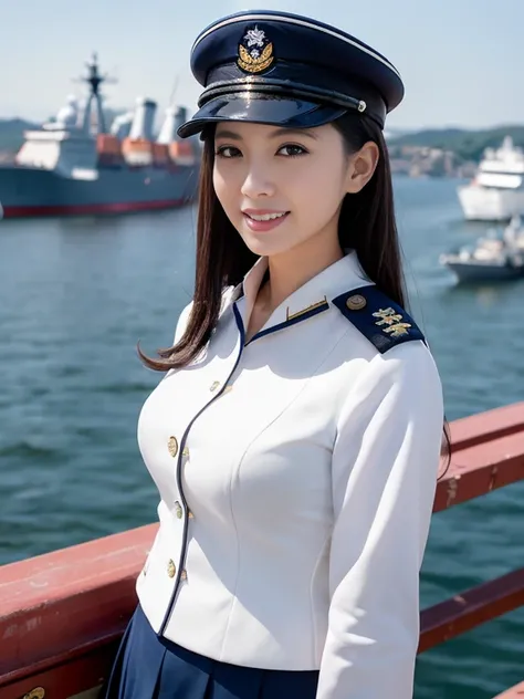 ((Best quality、masutepiece、8K、Best picture quality))、(1 photo:1.5)、(1 female naval officer:1.5)、(perfect original navy white uniform:1.3)、(uniform real navy:1.3, white color)、( real navy hat: 1.3) 、 (anatomically accurate: 1.3) 、 cowboy shot 、 biggest smil...