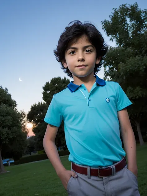 A ten year old boy in the park, 10.year old,  pelo rubio, ojos azules, piel blanca, rasgos finos, rasgos europeos, with the moon behind, cuerpo definido, musculoso, semi desnudo muy tonificado,