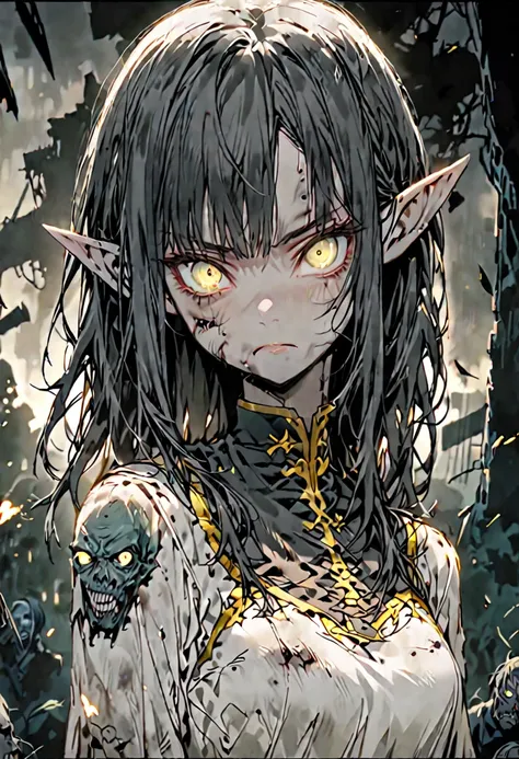 solo, female, elf, pointed ears, zombie, faded long black hair, decaying, matted white dress, milky yellow eyes, frown, determined