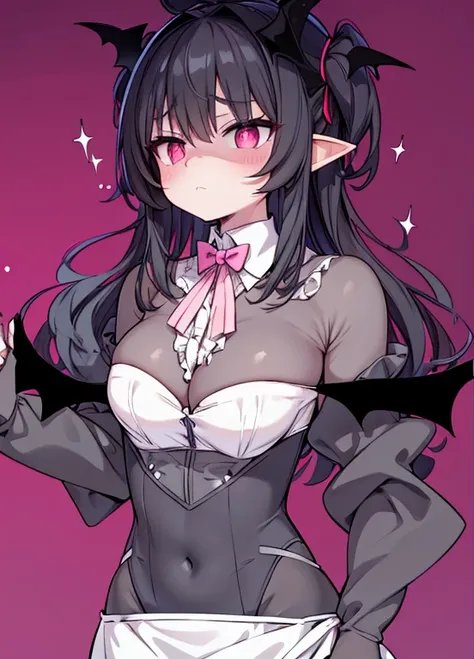 bat wings on sleeves, gray fur, gray bodysuit, ruffled white skirt, slim waist, large breasts, shaded face, pink eyes, cross pupils, bat wings on head, white collar, red bowtie on collar,, serious expression, elf ear, frown, disgusted expression, pink star...