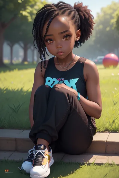 realistic portrait of cute African American baby ((dark brown skin color)), big eyes, sitting playing with a ball, ((chibi)), ((ball)), ((grass)), wearing tank top, black pants and black shoes, current fashion, kanekalon style hair, dark lighting backgroun...