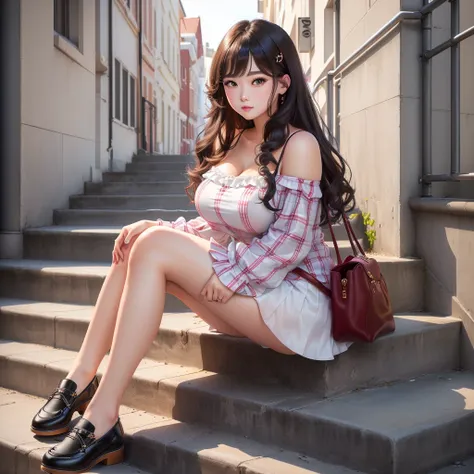 Woman sitting on the stairs with her handbag and shoes, City Girl Fan Art,8k、RAW Photos、highest quality、Real、Photorealistic、Professional Lighting、mix4、20d、Beautiful Teenage Woman、1 female、Big beautiful eyes、Larger breasts、White off-shoulder、Red checked min...