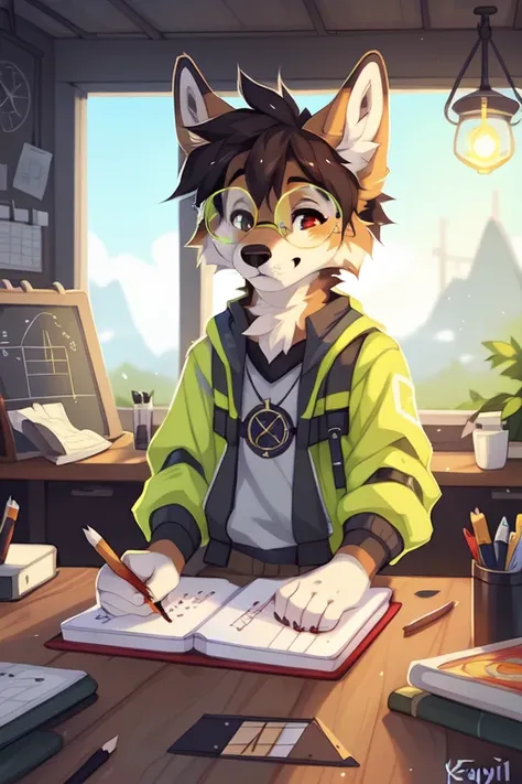 full body，Male，coyote，enginer，White cap，Green fluorescent engineering reflective clothing，Holding a notebook，notebook，In the background there are large power transformers and circuit breakers near a substation and a transmission grid，He is wearing glasses，...