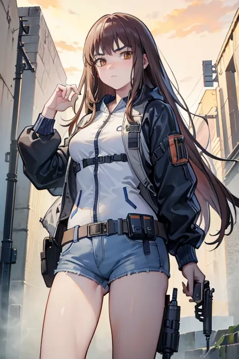 (8k ultra high-quality) (masterpieces) (very nsfw image) 1 girl, long hair, orange eyes color, wearing tactical jacket with a bu...