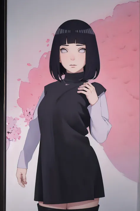 masterpiece, absurdres, hinata(boruto), 1girl, solo,mature female, tshirt long sleeve, black dress, black pant, high waist short skirt, looking at viewer, (falling petals), perfect composition, detailed lips, big breast, beautiful face, body propotion, blu...