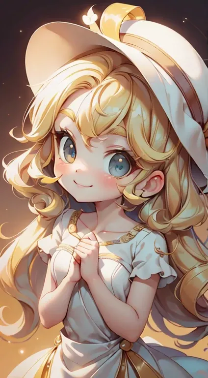 1 girl， Chibi T-shirt， Yellow Hair， Luxury Fabric，，deep， Looking at the audience， White Background、pretty girl、Mischievous look、Luxury Dresses、Best image quality、masterpiece、Straight hair、hat、Cute Girls、smile、high resolution、Ultra delicate、Cute eyes