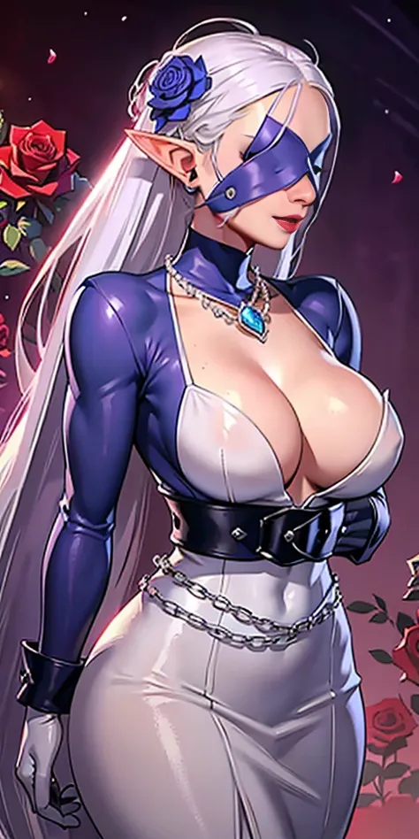 1woman, drow elf purple skin, long white hair, blue eyes, wedding dress, white gloves, ornate clothes, tall, big breasts, rose garden background, blushed face, smile, classy, elegant, refined, pearl necklace, earring with blue gem, red lips, glossy lips, s...