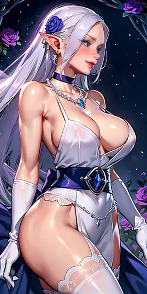 1woman, drow elf purple skin, long white hair, blue eyes, wedding dress, white gloves, ornate clothes, tall, big breasts, rose garden background, blushed face, smile, classy, elegant, refined, pearl necklace, earring with blue gem, red lips, glossy lips, s...