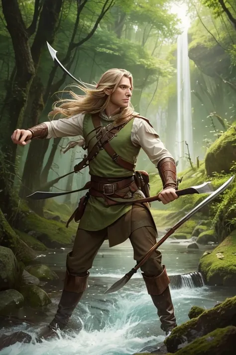 Tolkeinesque male wood elf with a bow,knives, flowing hair.