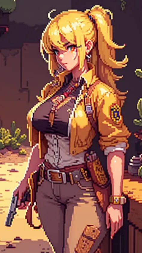 1girl\(cowgirl,cowboy_hat,belt_buckle,blonde hair,hair floating,messy hair,big breast,gun holder,gun,bullet belt,western police ...